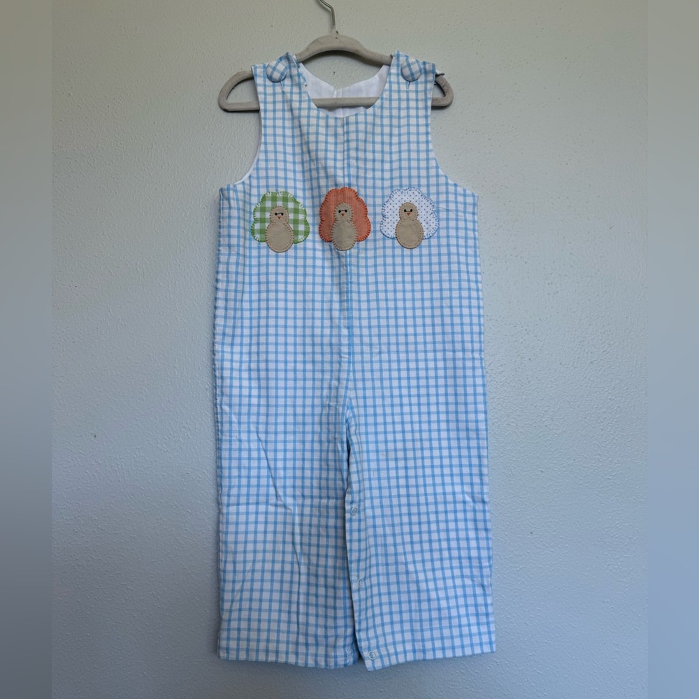 Blue Gingham Baby/Toddler Appliqué Overalls with Turkey
